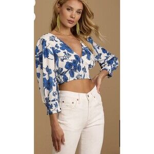 Lulus Into the Sunshine Ivory Floral Print Tie-Back Smocked Crop Top Size Medium